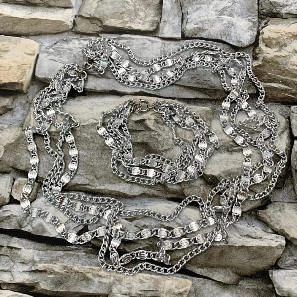 Vintage Signed Sarah Coventry 4 Strand Layer Chain Silver Necklace Bracelet Set - Picture 3 of 4